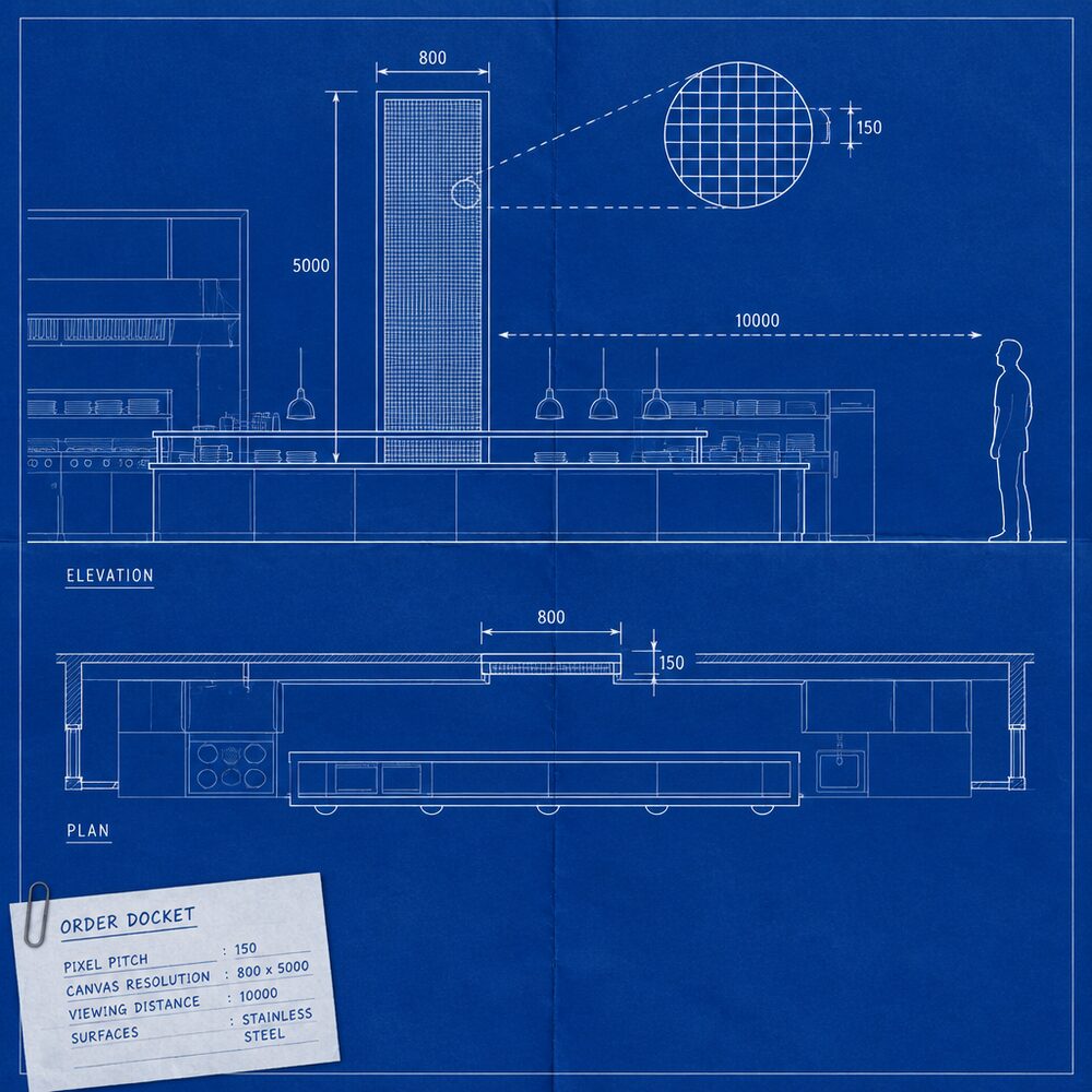Blueprint of a chef's kitchen with a tall LED portal built into the pass wall, dimensioned, with an order docket listing pixel pitch, canvas resolution and viewing distance