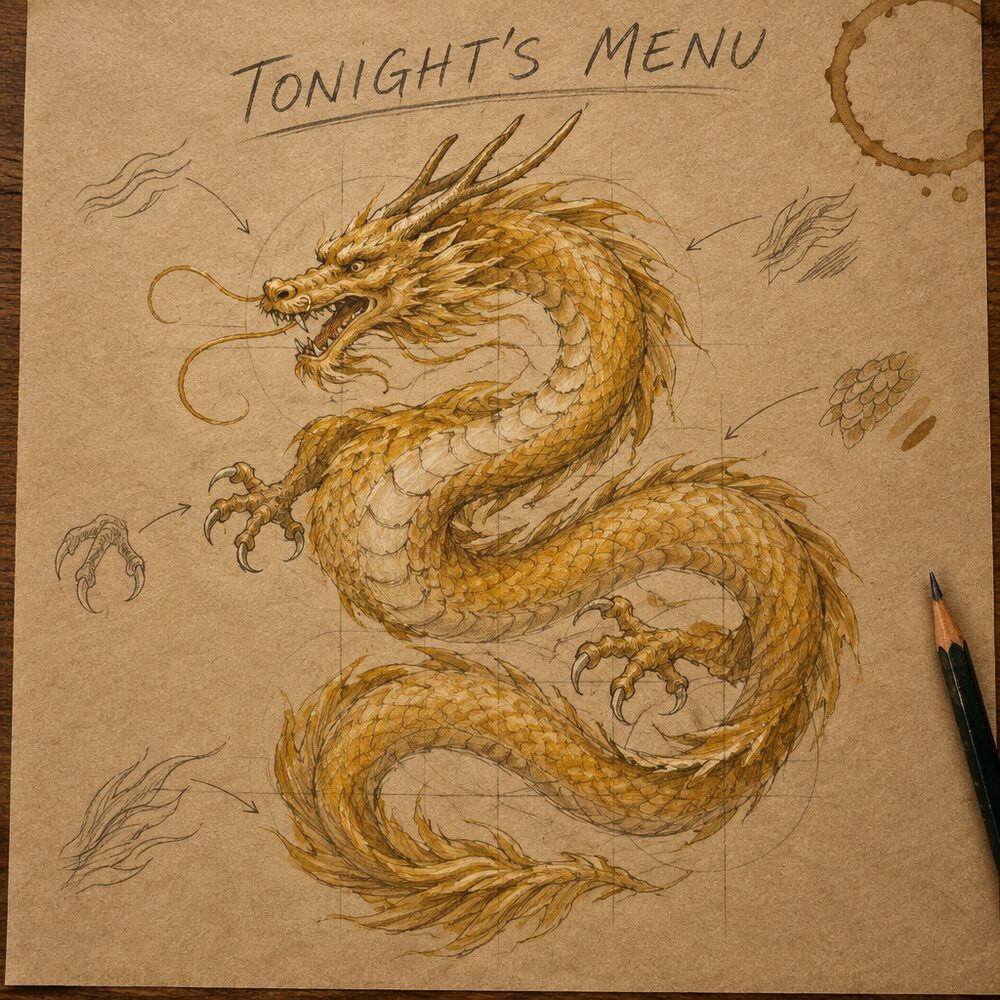 Hand-drawn “Tonight's Menu” on toned kraft paper with a golden dragon sketched as the dish