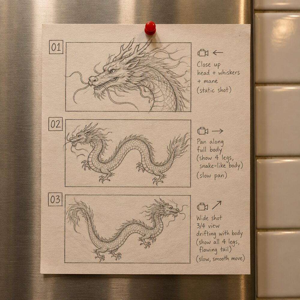 Handwritten recipe card pinned to a kitchen wall with three storyboard frames of a dragon, numbered like recipe steps