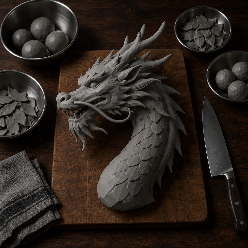 Mise en place: untextured grey digital clay sculpt of a dragon on a chopping board among prep bowls and a chef's knife