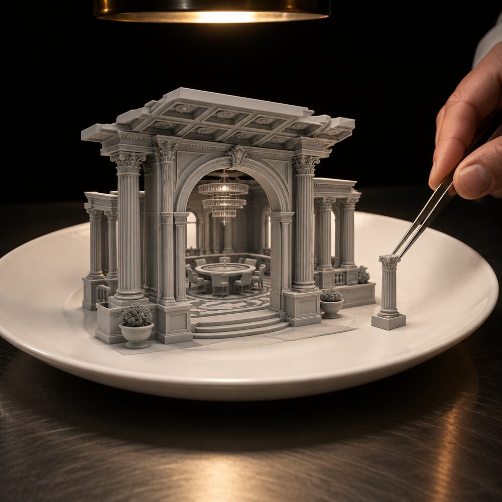Grey untextured 3D model of an ornate interior plated on a white dish under a pass lamp, tweezers placing a column