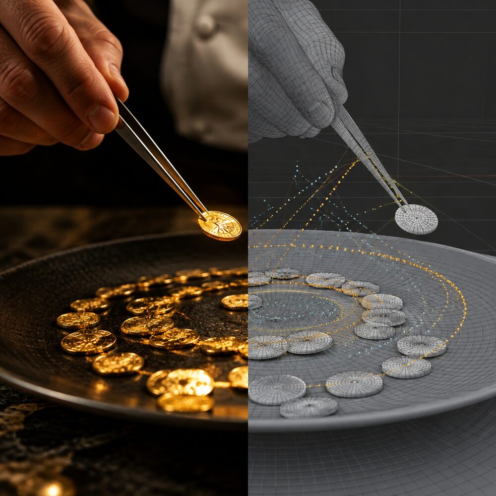 Chef's tweezers placing a gold coin onto a plate, half photoreal render and half simulation wireframe