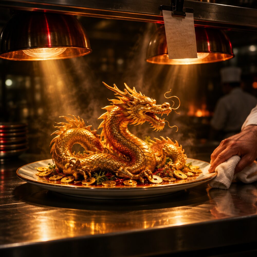 Finished golden dragon render plated under the pass heat lamps with an order ticket clipped to the rail