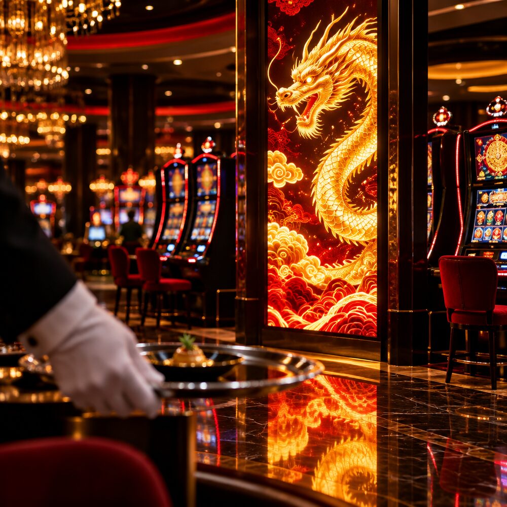 Casino floor at night with a tall LED portal glowing with the golden dragon animation, a waiter's tray in the foreground